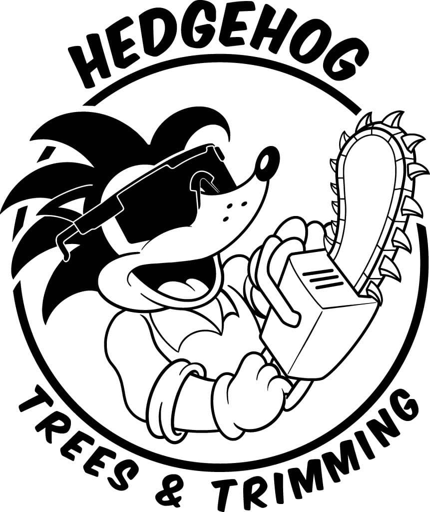 Cartoon hedgehog wearing goggles holding a chainsaw for the Hedgehog Trees and Trimming logo.